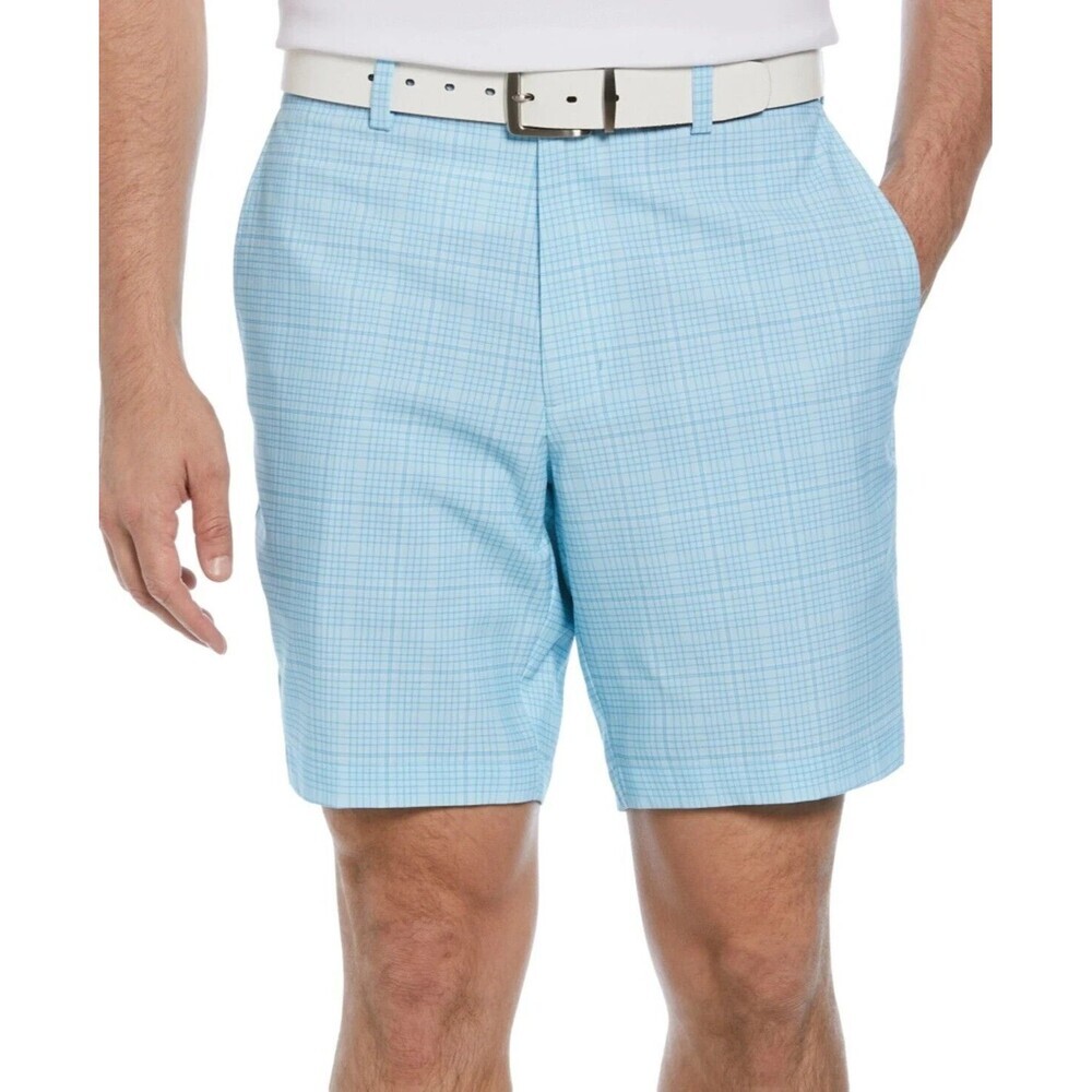 PGA TOUR Men's Check Print Performance Stretch 8" Golf Shorts Cyan Blue 30